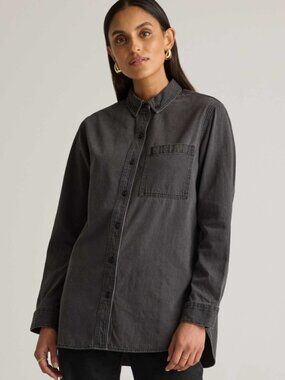 Quince Distressed Denim Tuxedo Shirt Chambray Black Wash Minimalist Cotton Sz M